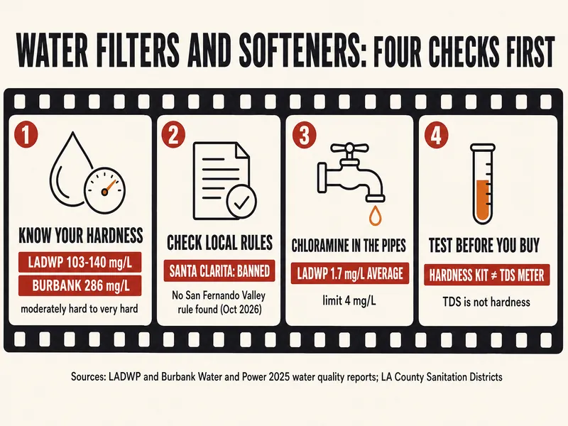 Film-strip infographic titled Water filters and softeners: four checks first, with four frames: know your hardness, LADWP 103-140 mg/L and Burbank 286 mg/L, moderately hard to very hard; check local rules, Santa Clarita banned, no San Fernando Valley rule found (Oct 2026); chloramine in the pipes, LADWP 1.7 mg/L average, limit 4 mg/L; test before you buy, hardness kit is not a TDS meter, TDS is not hardness; sources: LADWP and Burbank Water and Power 2025 water quality reports and LA County Sanitation Districts