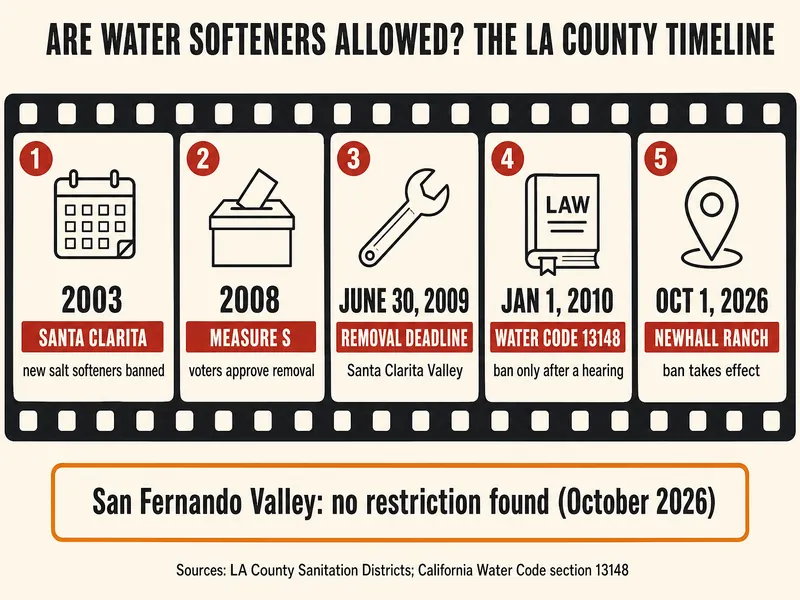 Film-strip timeline titled Are water softeners allowed? The LA County timeline, with five frames: 2003 Santa Clarita, new salt softeners banned; 2008 Measure S, voters approve removal; June 30, 2009 removal deadline in the Santa Clarita Valley; Jan 1, 2010 Water Code 13148, ban only after a hearing; Oct 1, 2026 Newhall Ranch ban takes effect; and a panel reading San Fernando Valley: no restriction found (October 2026); sources: LA County Sanitation Districts and California Water Code section 13148