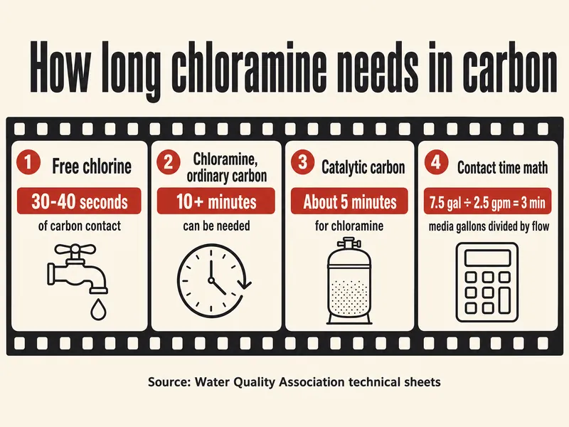Film-strip infographic titled How long chloramine needs in carbon, with four frames: 1, free chlorine needs 30-40 seconds of contact; 2, chloramine on ordinary carbon can need 10 minutes or more; 3, catalytic carbon handles chloramine in about 5 minutes; 4, contact time equals media gallons divided by flow, so 7.5 gallons of media at 2.5 gpm gives 3 minutes. Source line: Water Quality Association technical sheets