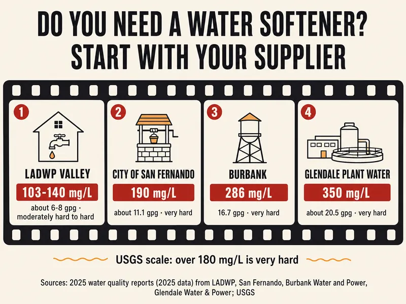Film-strip infographic titled Do you need a water softener? Start with your supplier, with four frames: LADWP Valley 103-140 mg/L, about 6-8 gpg, moderately hard to hard; City of San Fernando 190 mg/L, about 11.1 gpg, very hard; Burbank 286 mg/L, 16.7 gpg, very hard; Glendale plant water 350 mg/L, about 20.5 gpg, very hard; a note that on the USGS scale over 180 mg/L is very hard; sources: 2025 reports from LADWP, San Fernando, Burbank Water and Power, Glendale Water & Power and USGS