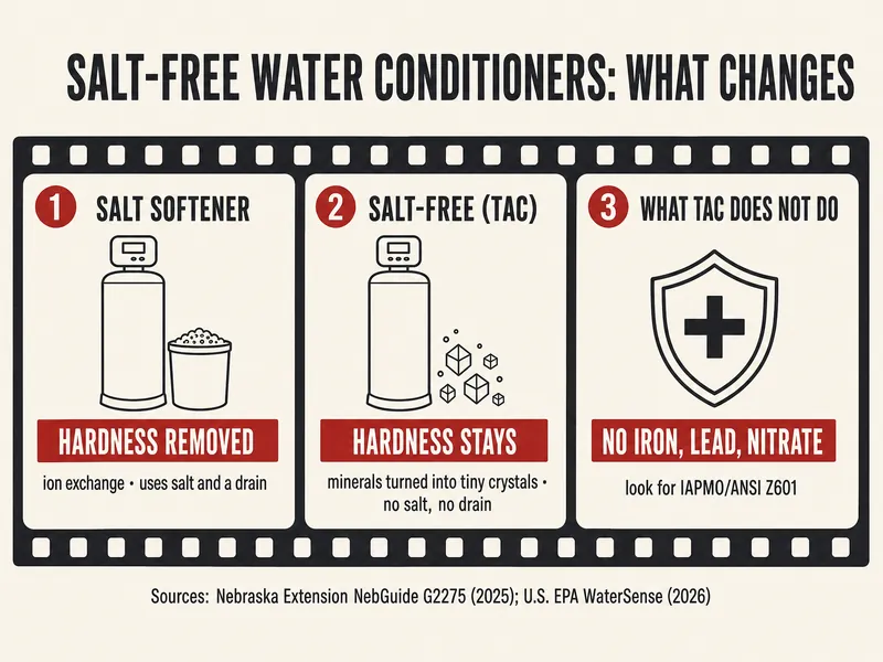 Film-strip infographic titled Salt-free water conditioners: what changes, with three frames: salt softener, hardness removed, ion exchange, uses salt and a drain; salt-free (TAC), hardness stays, minerals turned into tiny crystals, no salt, no drain; what TAC does not do, no iron, lead, nitrate, look for IAPMO/ANSI Z601; sources: Nebraska Extension NebGuide G2275 (2025) and U.S. EPA WaterSense (2026)