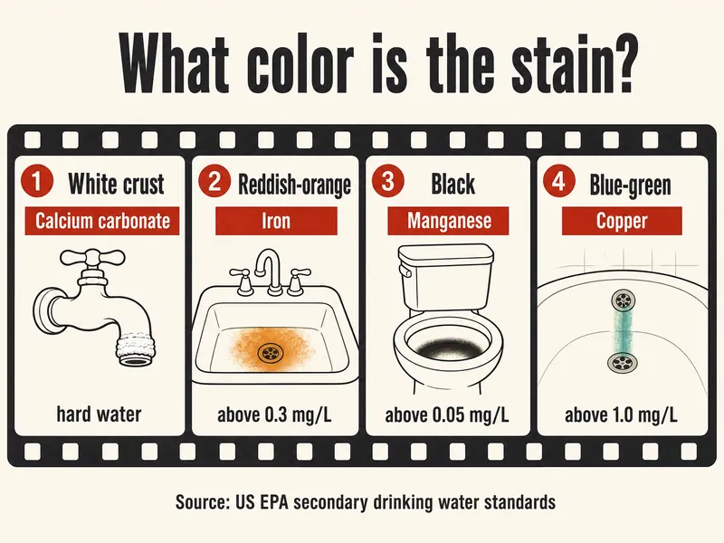 Film-strip infographic titled What color is the stain, with four frames: 1, white crust means calcium carbonate from hard water; 2, reddish-orange staining means iron, above 0.3 mg/L; 3, black staining means manganese, above 0.05 mg/L; 4, blue-green staining means copper, above 1.0 mg/L. Source line: US EPA secondary drinking water standards