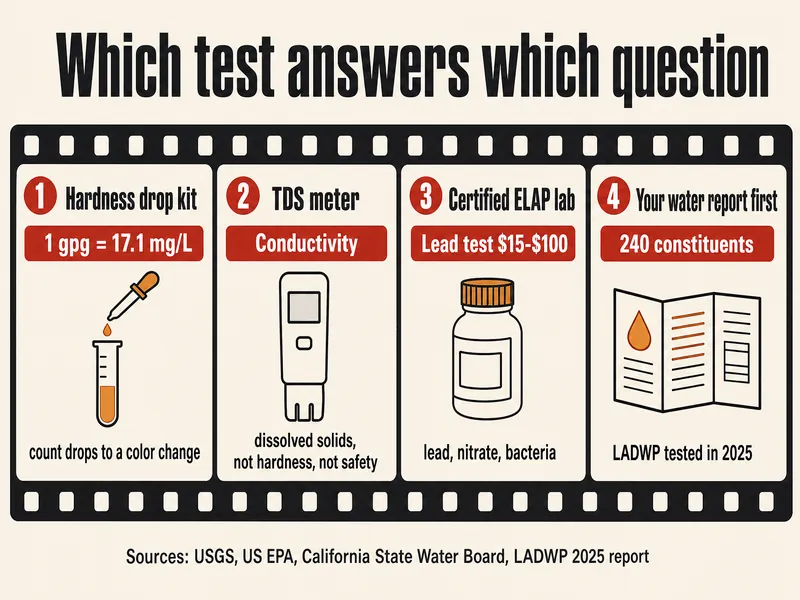 Film-strip infographic titled Which test answers which question, with four frames: 1, hardness drop kit: count drops to a color change and read grains per gallon, where 1 gpg is 17.1 mg/L; 2, TDS meter: reads conductivity as mg/L of dissolved solids, not hardness and not safety; 3, certified ELAP lab for lead, nitrate and bacteria, with EPA putting a lead test at $15 to $100; 4, your water report first: LADWP tested 240 constituents in 2025. Source line: USGS, US EPA, California State Water Board, LADWP 2025 report