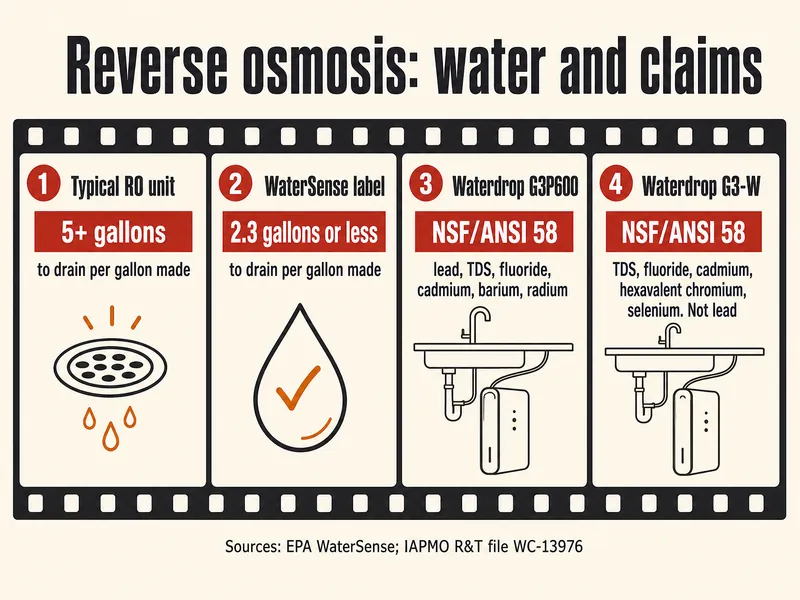 Film-strip infographic titled Reverse osmosis: water and claims, with four frames: 1, a typical RO unit sends 5 or more gallons to the drain per gallon made; 2, a WaterSense-labeled unit sends 2.3 gallons or less; 3, the Waterdrop G3P600 is certified to NSF/ANSI 58 for lead, TDS, fluoride, cadmium, barium and radium; 4, the Waterdrop G3-W is certified for TDS, fluoride, cadmium, hexavalent chromium and selenium, not lead. Source line: EPA WaterSense; IAPMO R&T file WC-13976