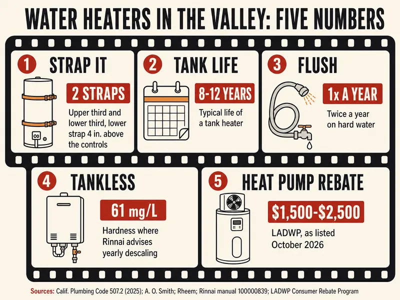 Storyboard film strip titled Water heaters in the Valley: five numbers, with frames for strap it, 2 straps, one in each of the top and bottom thirds, the lower one 4 in. over the controls; tank life, 8-12 years, the typical life of a tank heater; flush, 1x a year, twice a year on hard water; tankless, 61 mg/L, the hardness where Rinnai advises yearly descaling; heat pump rebate, $1,500-$2,500, LADWP as listed October 2026. Sources: Calif. Plumbing Code 507.2 (2025), A. O. Smith, Rheem, Rinnai manual 100000839, LADWP Consumer Rebate Program