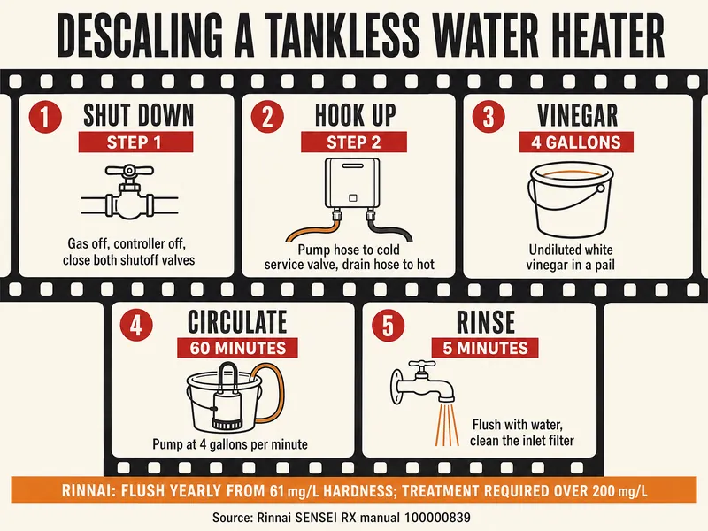 Storyboard film strip titled Descaling a tankless water heater with five frames: 1 shut down, gas off, controller off, close both shutoff valves; 2 hook up, pump hose to the cold service valve and drain hose to the hot; 3 vinegar, 4 gallons of undiluted white vinegar in a pail; 4 circulate, 60 minutes, pump at 4 gallons per minute; 5 rinse, 5 minutes, flush with water and clean the inlet filter. A band reads Rinnai: flush yearly from 61 mg/L hardness; treatment required over 200 mg/L. Source: Rinnai SENSEI RX manual 100000839