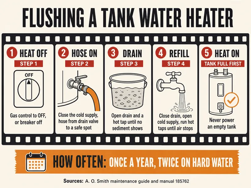 Storyboard film strip titled Flushing a tank water heater with five frames: 1 heat off, gas control to OFF or breaker off; 2 hose on, close the cold supply and run a hose from the drain valve to a safe spot; 3 drain, open the drain and a hot tap until no sediment shows; 4 refill, close the drain, open the cold supply and run hot taps until air stops; 5 heat on, tank full first, never power an empty tank. A band reads How often: once a year, twice on hard water. Source: A. O. Smith maintenance guide and manual 185762