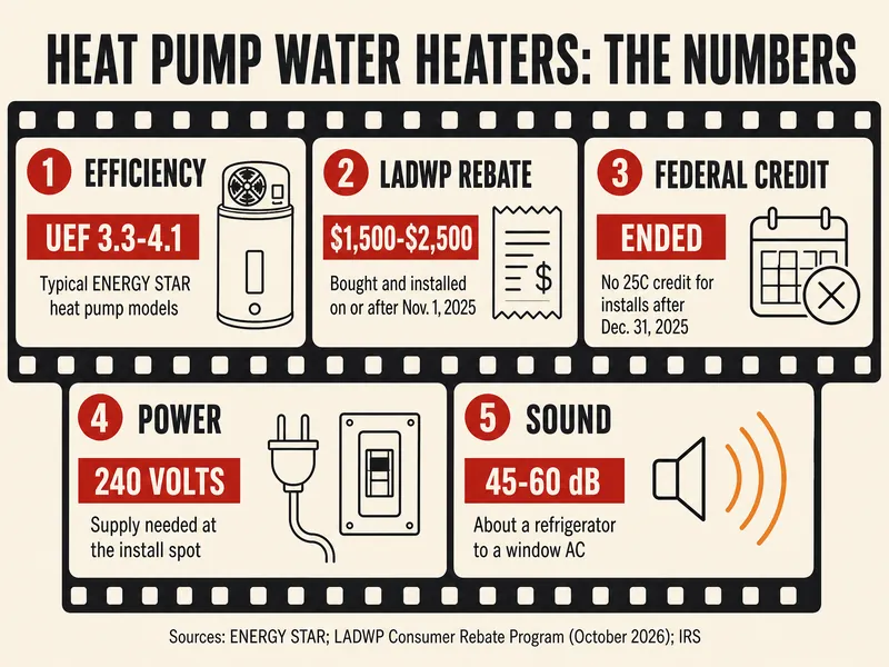 Storyboard film strip titled Heat pump water heaters: the numbers, with five frames: efficiency, UEF 3.3-4.1 for typical ENERGY STAR heat pump models; LADWP rebate, $1,500-$2,500 for units bought and installed on or after Nov. 1, 2025; federal credit, ended, no 25C credit for installs after Dec. 31, 2025; power, 240 volts, supply needed at the install spot; sound, 45-60 dB, about a refrigerator to a window AC. Sources: ENERGY STAR, LADWP Consumer Rebate Program (October 2026), IRS