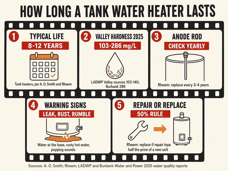 Storyboard film strip titled How long a tank water heater lasts, with five frames: typical life, 8-12 years, tank heaters per A. O. Smith and Rheem; Valley hardness 2025, 103-286 mg/L, LADWP Valley sources 103-140 and Burbank 286; anode rod, check yearly, Rheem says replace every 3-4 years; warning signs, leak, rust, rumble, meaning water at the base, rusty hot water and popping sounds; repair or replace, 50% rule, Rheem says replace if a repair tops half the price of a new unit. Sources: A. O. Smith, Rheem, LADWP and Burbank annual water reports on 2025 data