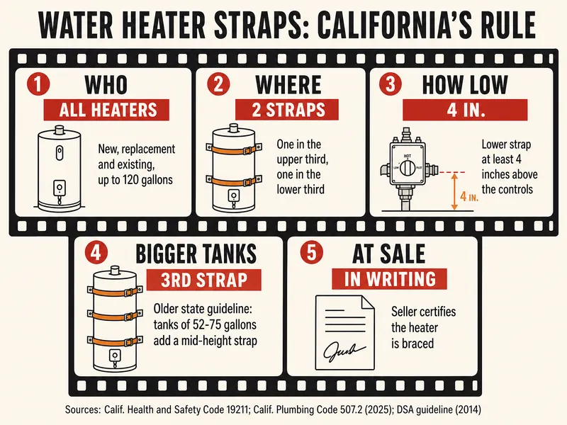 Storyboard film strip titled Water heater straps: California's rule, with five frames: who, all heaters, new, replacement and existing up to 120 gallons; where, 2 straps, one in the upper third and one in the lower third; how low, 4 in., lower strap at least 4 inches above the controls; bigger tanks, 3rd strap, older state guideline: tanks of 52-75 gallons add a mid-height strap; at sale, in writing, seller certifies the heater is braced. Sources: Calif. Health and Safety Code 19211, Calif. Plumbing Code 507.2 (2025), DSA guideline (2014)