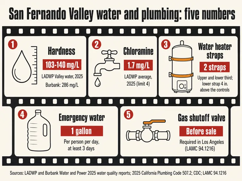 Film strip titled San Fernando Valley water and plumbing: five numbers. Frame 1, hardness, 103-140 mg/L for LADWP Valley water in 2025 and 286 mg/L in Burbank; frame 2, chloramine, 1.7 mg/L LADWP average in 2025 with a limit of 4; frame 3, water heater straps, 2 straps in the upper and lower third with the lower strap 4 in. above the controls; frame 4, emergency water, 1 gallon per person per day for at least 3 days; frame 5, gas shutoff valve required before sale in Los Angeles under LAMC 94.1216. Credits: LADWP and Burbank Water and Power 2025 reports, 2025 California Plumbing Code 507.2, CDC and LAMC 94.1216