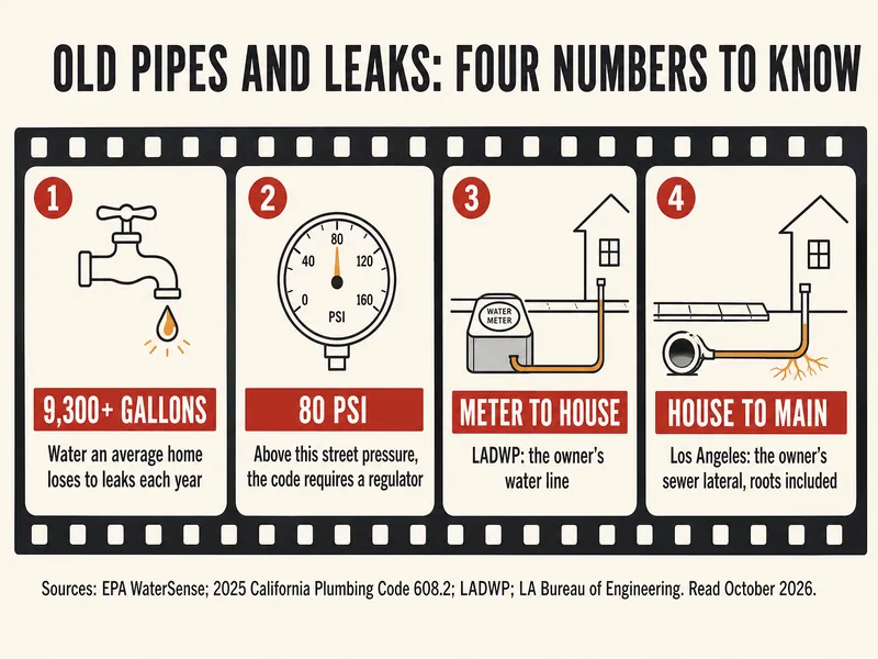 Film-strip infographic titled Old pipes and leaks: four numbers to know. Frame 1: 9,300+ gallons, water an average home loses to leaks each year. Frame 2: 80 psi, above this street pressure the code requires a regulator. Frame 3: meter to house, LADWP says the water line is the owner's. Frame 4: house to main, the Los Angeles sewer lateral is the owner's, roots included. Sources: EPA WaterSense, 2025 California Plumbing Code 608.2, LADWP, LA Bureau of Engineering.