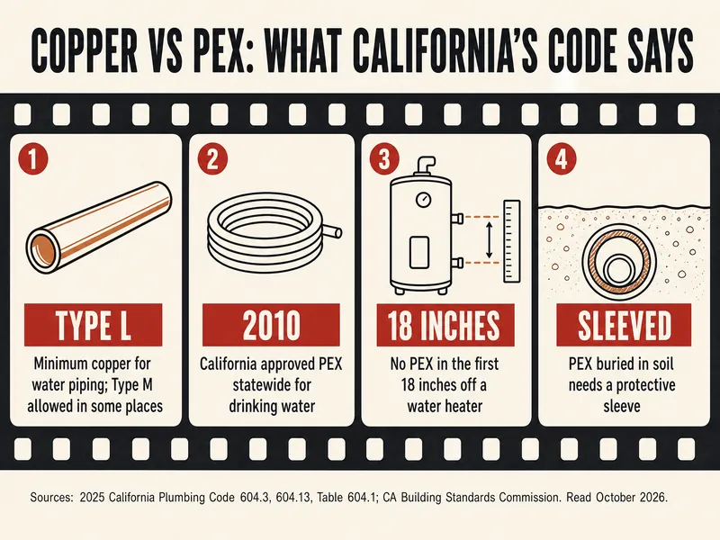 Film-strip infographic titled Copper vs PEX: what California's code says. Frame 1: Type L, the minimum copper for water piping, with Type M allowed in some places. Frame 2: 2010, when California approved PEX statewide for drinking water. Frame 3: 18 inches, no PEX in the first 18 inches off a water heater. Frame 4: sleeved, PEX buried in soil needs a protective sleeve. Sources: 2025 California Plumbing Code 604.3, 604.13 and Table 604.1; California Building Standards board.