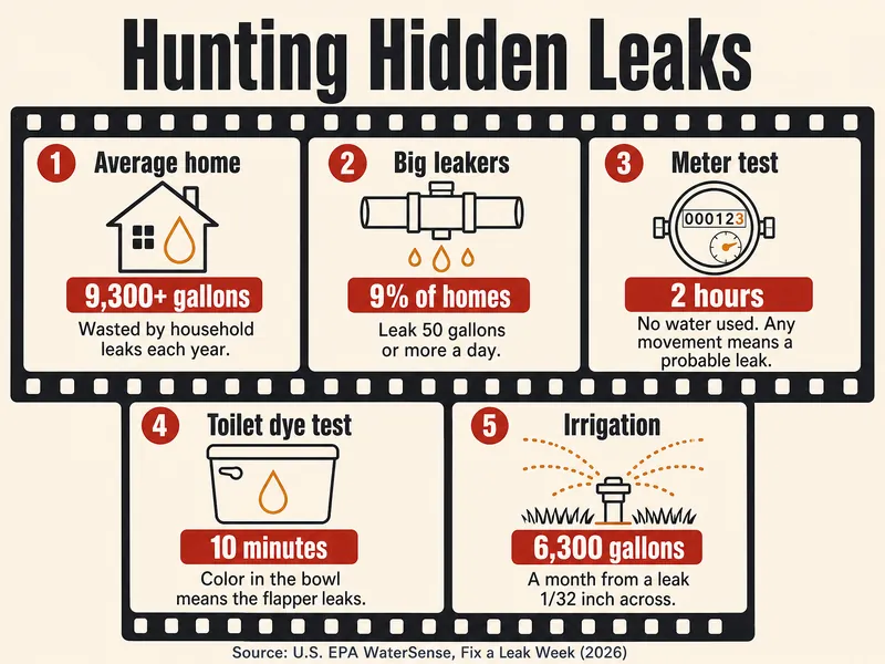 Film-strip infographic titled Hunting Hidden Leaks. Frame 1, average home: 9,300+ gallons wasted by household leaks each year. Frame 2, big leakers: 9% of homes leak 50 gallons or more a day. Frame 3, meter test: 2 hours with no water used; any movement means a probable leak. Frame 4, toilet dye test: 10 minutes; color in the bowl means the flapper leaks. Frame 5, irrigation: 6,300 gallons a month from a leak 1/32 inch across. Source: U.S. EPA WaterSense, Fix a Leak Week (2026).