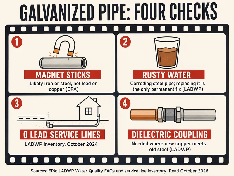 Film-strip infographic titled Galvanized pipe: four checks. Frame 1: magnet sticks, likely iron or steel, not lead or copper, per EPA. Frame 2: rusty water, corroding steel pipe, replacing it is the only permanent fix, per LADWP. Frame 3: 0 lead service lines in LADWP's October 2024 inventory. Frame 4: dielectric coupling, needed where new copper meets old steel, per LADWP. Sources: EPA; LADWP water quality FAQs and service line inventory.