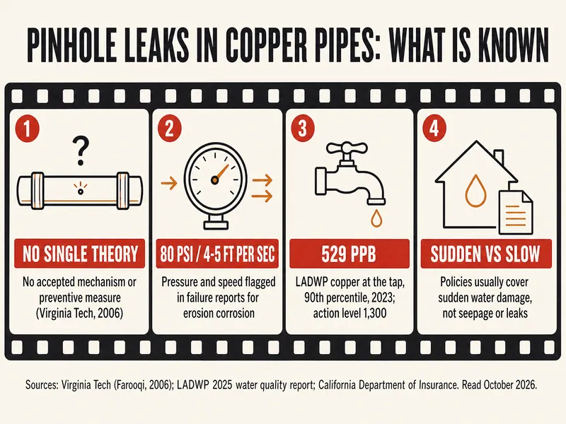 Film-strip infographic titled Pinhole leaks in copper pipes: what is known. Frame 1: no single theory, no accepted mechanism or preventive measure, Virginia Tech 2006. Frame 2: 80 psi and 4 to 5 feet per second, pressure and speed flagged in failure reports for erosion corrosion. Frame 3: 529 ppb, LADWP copper at the tap, 90th percentile, 2023, against an action level of 1,300. Frame 4: sudden vs slow, policies usually cover sudden water damage, not seepage or leaks. Sources: Virginia Tech (Farooqi, 2006), LADWP 2025 water quality report, California Department of Insurance.