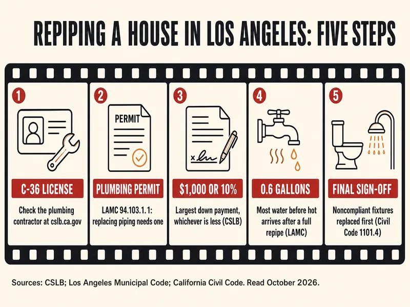 Film-strip infographic titled Repiping a house in Los Angeles: five steps. Frame 1: C-36 license, check the plumbing contractor at cslb.ca.gov. Frame 2: plumbing permit, LAMC 94.103.1.1 says replacing piping needs one. Frame 3: $1,000 or 10%, the largest down payment, whichever is less, per CSLB. Frame 4: 0.6 gallons, the most water before hot arrives after a full repipe, per LAMC. Frame 5: final sign-off, noncompliant fixtures replaced first under Civil Code 1101.4. Sources: CSLB, Los Angeles Municipal Code, California Civil Code.