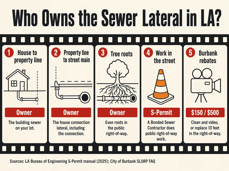 Film-strip infographic titled Who Owns the Sewer Lateral in LA? Frame 1, house to property line: owner, the building sewer on your lot. Frame 2, property line to street main: owner, the house connection lateral including the connection. Frame 3, tree roots: owner, even roots in the public right-of-way. Frame 4, work in the street: S-Permit, a Bonded Sewer Contractor does public right-of-way work. Frame 5, Burbank rebates: $150 / $500 for clean and video, or replacing 10 feet in the right-of-way. Sources: LA Bureau of Engineering S-Permit manual (2025), City of Burbank SLURP FAQ.