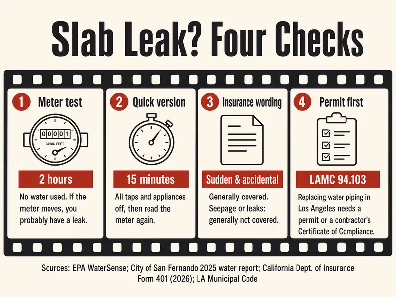 Film-strip infographic titled Slab Leak? Four Checks. Frame 1, meter test: 2 hours with no water used; if the meter moves, you probably have a leak. Frame 2, quick version: 15 minutes with all taps and appliances off, then read the meter again. Frame 3, insurance wording: sudden and accidental damage generally covered; seepage or leaks generally not covered. Frame 4, permit first: LAMC 94.103; replacing water piping in Los Angeles needs a permit or a contractor's Certificate of Compliance. Sources: EPA WaterSense, City of San Fernando 2025 water report, California Department of Insurance Form 401 (2026), LA Municipal Code.