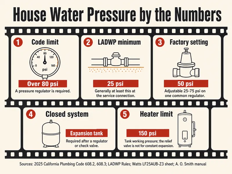 Film-strip infographic titled House Water Pressure by the Numbers. Frame 1, code limit: over 80 psi, a pressure regulator is required. Frame 2, LADWP minimum: 25 psi, generally at least this at the service connection. Frame 3, factory setting: 50 psi, adjustable 25-75 psi on one common regulator. Frame 4, closed system: expansion tank required after a regulator or check valve. Frame 5, heater limit: 150 psi tank working pressure; the relief valve is not for constant expansion. Sources: 2025 California Plumbing Code 608.2 and 608.3, LADWP Rules, Watts LF25AUB-Z3 sheet, A. O. Smith manual.