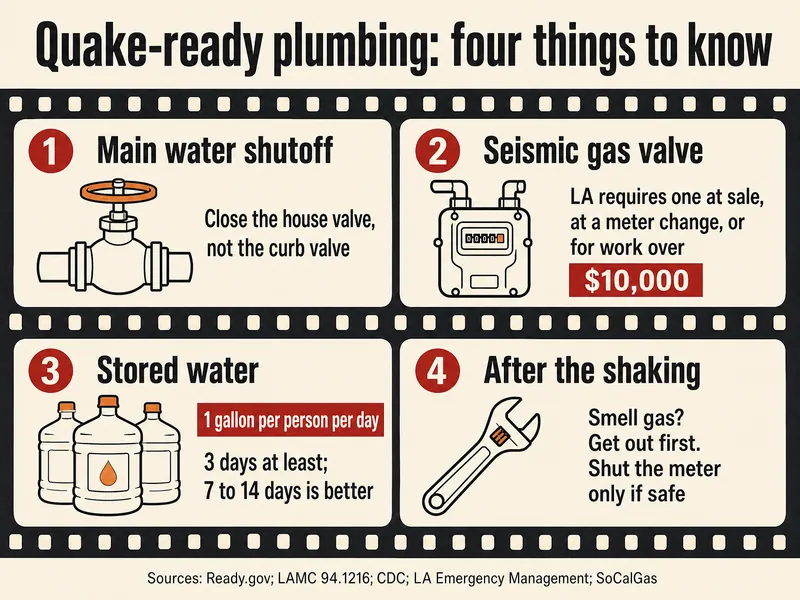 Film-strip infographic titled Quake-ready plumbing: four things to know. Frame 1, Main water shutoff: close the house valve, not the curb valve. Frame 2, Seismic gas valve: LA requires one at sale, at a meter change, or for work over $10,000. Frame 3, Stored water: 1 gallon per person per day; 3 days at least, 7 to 14 days is better. Frame 4, After the shaking: smell gas? Get out first; shut the meter only if safe. Sources: Ready.gov; LAMC 94.1216; CDC; LA Emergency Management; SoCalGas.