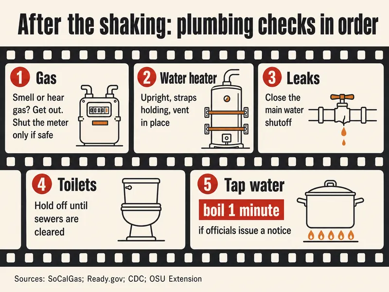 Film-strip infographic titled After the shaking: plumbing checks in order. Frame 1, Gas: smell or hear gas? Get out; shut the meter only if safe. Frame 2, Water heater: upright, straps holding, vent in place. Frame 3, Leaks: close the main water shutoff. Frame 4, Toilets: hold off until sewers are cleared. Frame 5, Tap water: boil 1 minute if officials issue a notice. Sources: SoCalGas; Ready.gov; CDC; OSU Extension.