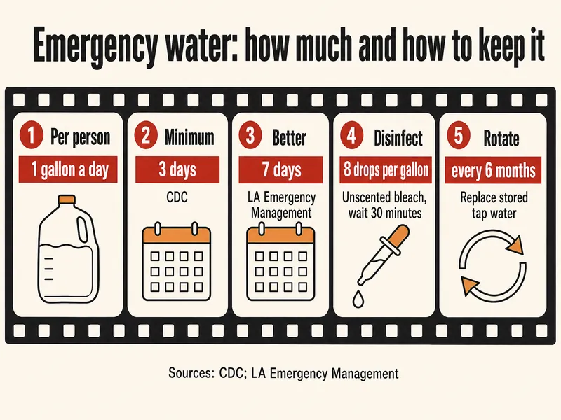 Film-strip infographic titled Emergency water: how much and how to keep it. Frame 1, Per person: 1 gallon a day. Frame 2, Minimum: 3 days, CDC. Frame 3, Better: 7 days, LA Emergency Management. Frame 4, Disinfect: 8 drops per gallon, unscented bleach, wait 30 minutes. Frame 5, Rotate: every 6 months, replace stored tap water. Sources: CDC; LA Emergency Management.