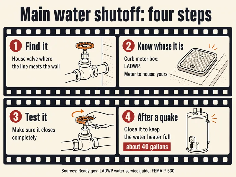Film-strip infographic titled Main water shutoff: four steps. Frame 1, Find it: house valve where the line meets the wall. Frame 2, Know whose it is: curb meter box, LADWP; meter to house, yours. Frame 3, Test it: make sure it closes completely. Frame 4, After a quake: close it to keep the water heater full, about 40 gallons. Sources: Ready.gov; LADWP water service guide; FEMA P-530.