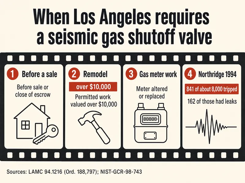Film-strip infographic titled When Los Angeles requires a seismic gas shutoff valve. Frame 1, Before a sale: before sale or close of escrow. Frame 2, Remodel: over $10,000, permitted work valued over $10,000. Frame 3, Gas meter work: meter altered or replaced. Frame 4, Northridge 1994: 841 of about 8,000 tripped; 162 of those had leaks. Sources: LAMC 94.1216 (Ord. 188,797); NIST-GCR-98-743.