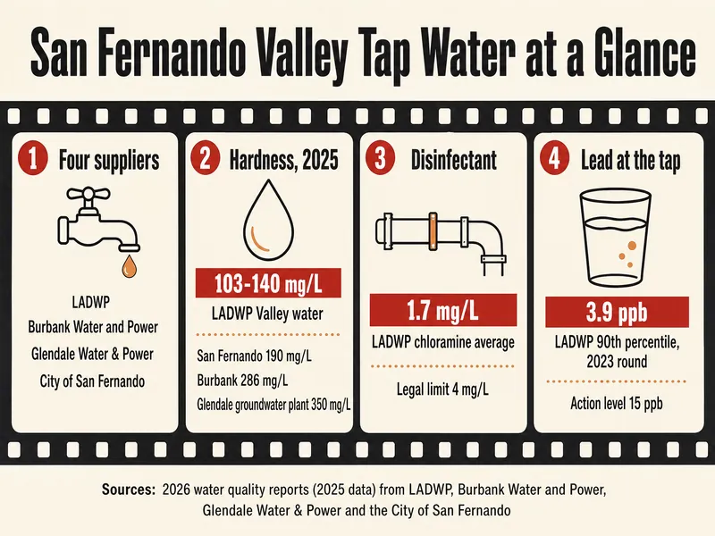 Film strip titled San Fernando Valley Tap Water at a Glance with four frames: four suppliers named, LADWP plus the Burbank, Glendale and San Fernando city utilities; hardness in 2025, LADWP Valley water 103-140 mg/L, San Fernando 190 mg/L, Burbank 286 mg/L, Glendale groundwater plant 350 mg/L; disinfectant, LADWP chloramine average 1.7 mg/L against a 4 mg/L limit; lead at the tap, LADWP 90th percentile 3.9 ppb in the 2023 round against a 15 ppb action level; credited to the suppliers' reports published in 2026