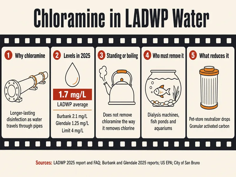 Film strip titled Chloramine in LADWP Water with five frames: why chloramine, longer-lasting disinfection as water travels through pipes; levels in 2025, LADWP average 1.7 mg/L, Burbank 2.1 mg/L, Glendale 1.25 mg/L, limit 4 mg/L; standing or boiling does not remove chloramine the way it removes chlorine; who must remove it, dialysis machines, fish ponds and aquariums; what reduces it, pet-store neutralizer drops and granular activated carbon; sources LADWP 2025 report and FAQ, Burbank and Glendale 2025 reports, US EPA and City of San Bruno