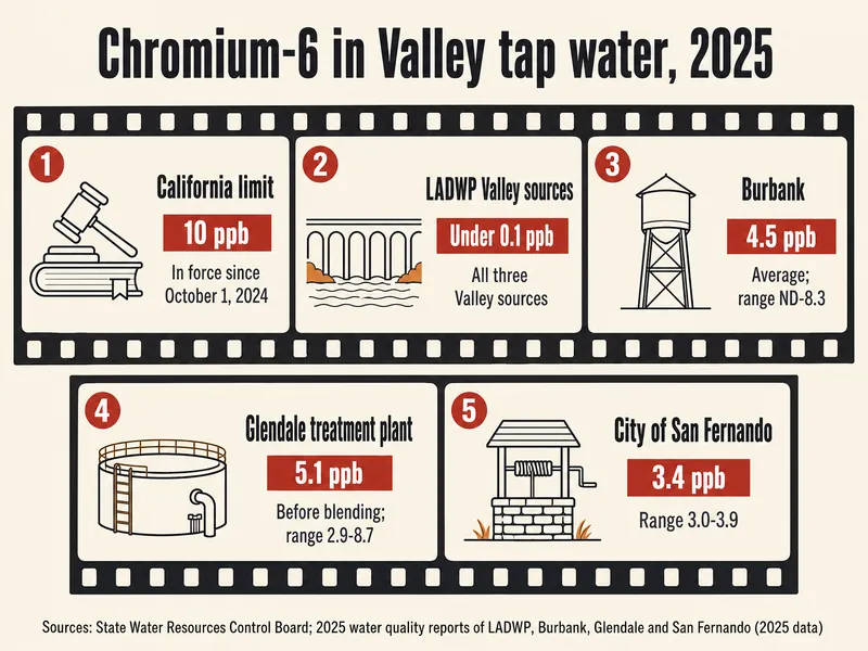 Film strip titled Chromium-6 in Valley tap water, 2025, with five frames: California limit 10 ppb, in force since October 1, 2024; LADWP Valley sources under 0.1 ppb in all three Valley sources; Burbank 4.5 ppb average, range ND-8.3; Glendale treatment plant 5.1 ppb before blending, range 2.9-8.7; City of San Fernando 3.4 ppb, range 3.0-3.9; credited to the State Water Resources Control Board and the four Valley suppliers' reports on 2025 data