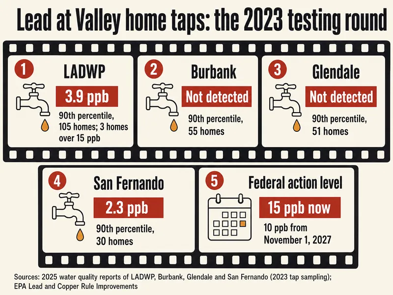 Film strip titled Lead at Valley home taps: the 2023 testing round, with five frames: LADWP 3.9 ppb, 90th percentile of 105 homes, 3 homes over 15 ppb; Burbank not detected, 90th percentile of 55 homes; Glendale not detected, 90th percentile of 51 homes; San Fernando 2.3 ppb, 90th percentile of 30 homes; federal action level 15 ppb now and 10 ppb from November 1, 2027; credited at the bottom to the four suppliers' 2025 reports on 2023 tap sampling and to EPA's Lead and Copper Rule Improvements
