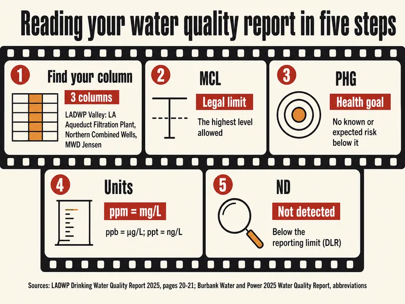 Film strip titled Reading your water quality report in five steps: find your column, 3 columns, LADWP Valley water listed under three named sources (aqueduct filtration plant, northern wells, Jensen); MCL, legal limit, the highest level allowed; PHG, health goal, no known or expected risk below it; units, ppm equals mg/L, ppb equals µg/L, ppt equals ng/L; ND, not detected, below the reporting limit (DLR); sources LADWP Drinking Water Quality Report 2025 pages 20-21 and the Burbank Water and Power 2025 report's abbreviations