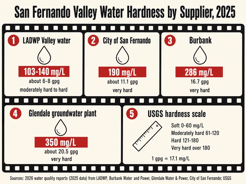 Storyboard film strip headed San Fernando Valley Water Hardness by Supplier, 2025. Frame one: LADWP Valley water at 103-140 mg/L, roughly 6 to 8 gpg, labeled moderately hard to hard. Frame two: the City of San Fernando at 190 mg/L, roughly 11.1 gpg, labeled very hard. Frame three: Burbank at 286 mg/L, or 16.7 gpg, labeled very hard. Frame four: the Glendale groundwater plant at 350 mg/L, roughly 20.5 gpg, labeled very hard. Frame five: the USGS scale, soft 0-60 mg/L, moderately hard 61-120, hard 121-180, very hard over 180, with a conversion note of 17.1 mg/L per gpg. Credits: the 2026 reports of LADWP, Burbank, Glendale and San Fernando, plus USGS
