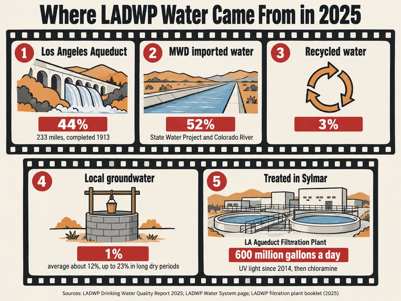 Film strip titled Where LADWP Water Came From in 2025 with five frames: Los Angeles Aqueduct 44%, 233 miles, completed 1913; MWD imported water 52%, State Water Project and Colorado River; recycled water 3%; local groundwater 1%, average about 12% and up to 23% in long dry periods; treated in Sylmar at the LA Aqueduct Filtration Plant, 600 million gallons a day, UV light since 2014, then chloramine; sources LADWP Drinking Water Quality Report 2025, LADWP Water System page and LADWP filtration plant booklet (2025)