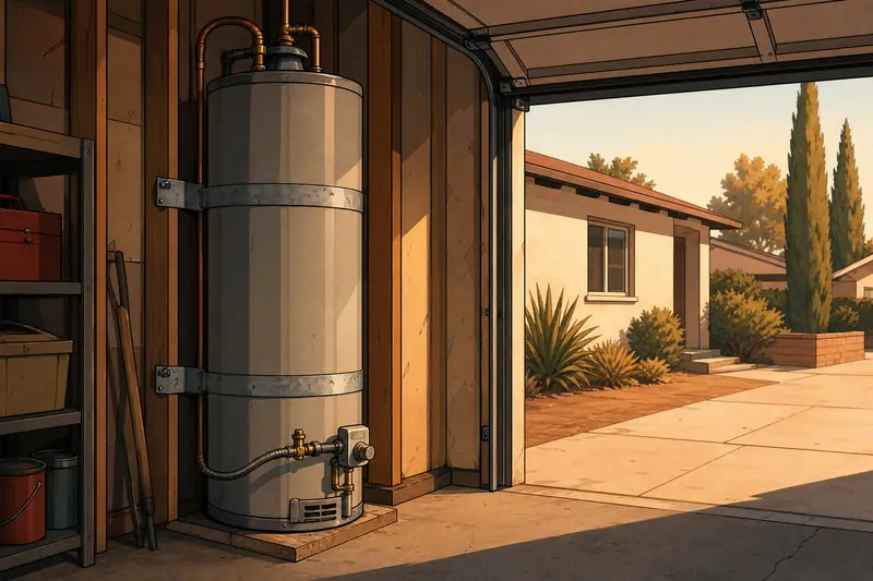 Line drawing of a gas-fired water heater tucked in a garage corner, secured to the studs by one strap near its top and another just above the burner control
