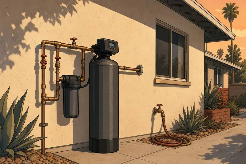 Drawing of a tall charcoal filter tank with a digital head and a small cartridge housing, plumbed in copper with bypass valves on a sunlit stucco wall beside a hose bib and coiled hose